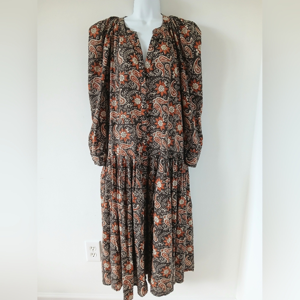 Anna Cate Floral Paisley Long Sleeve Midi Dress Brown Multi Large Boho Cottage